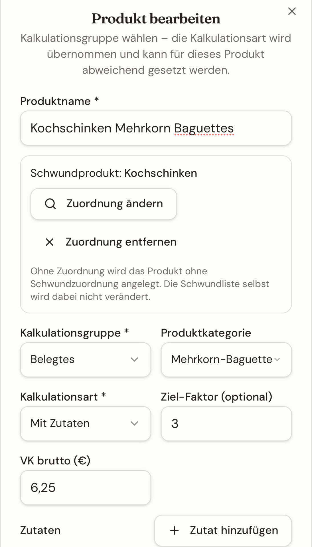 Kalkulation – Eingabeansicht in BackSchwApp